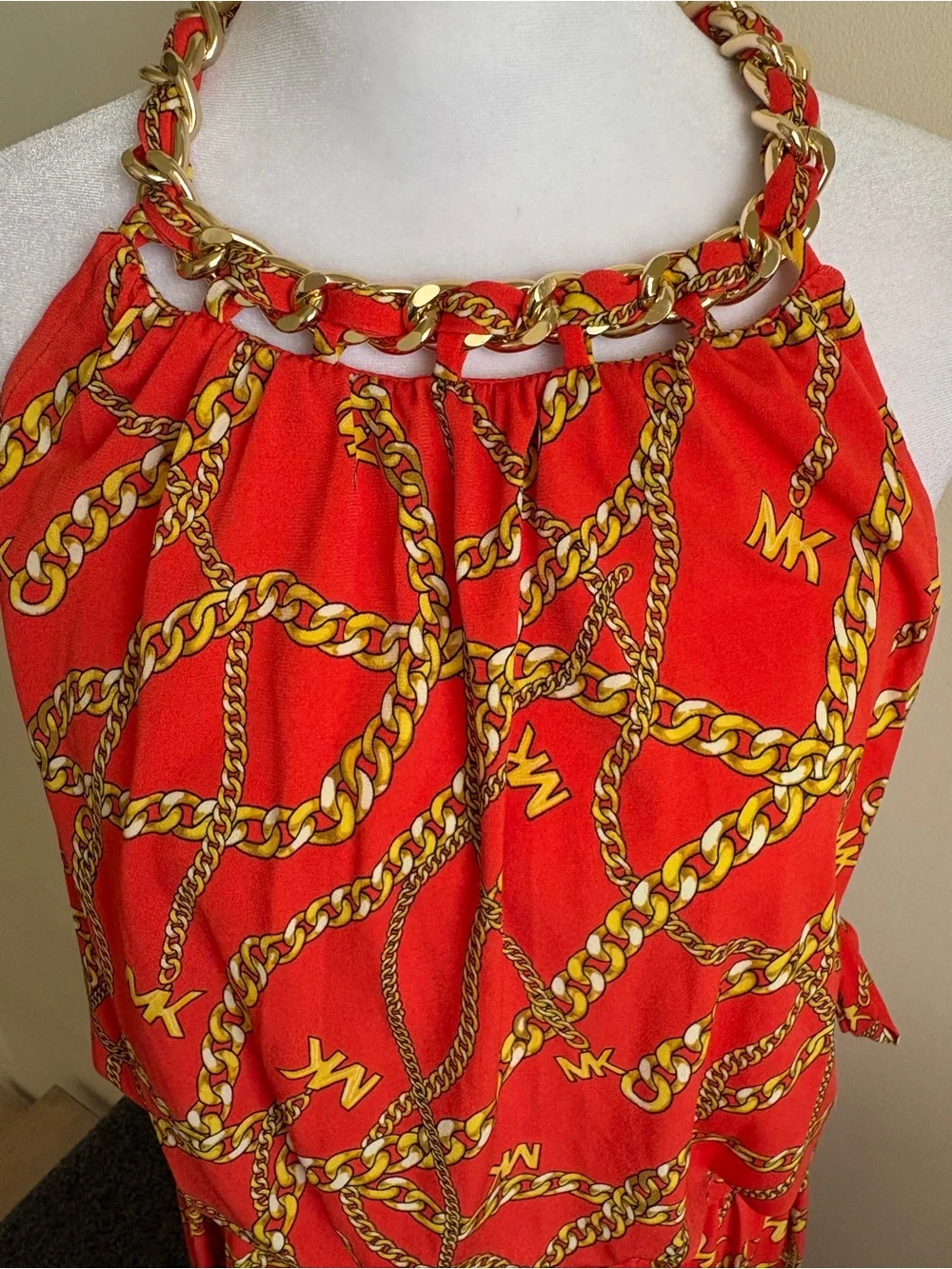 New 1X Michael Kors Orange Gold Chain Logo Midi Dress